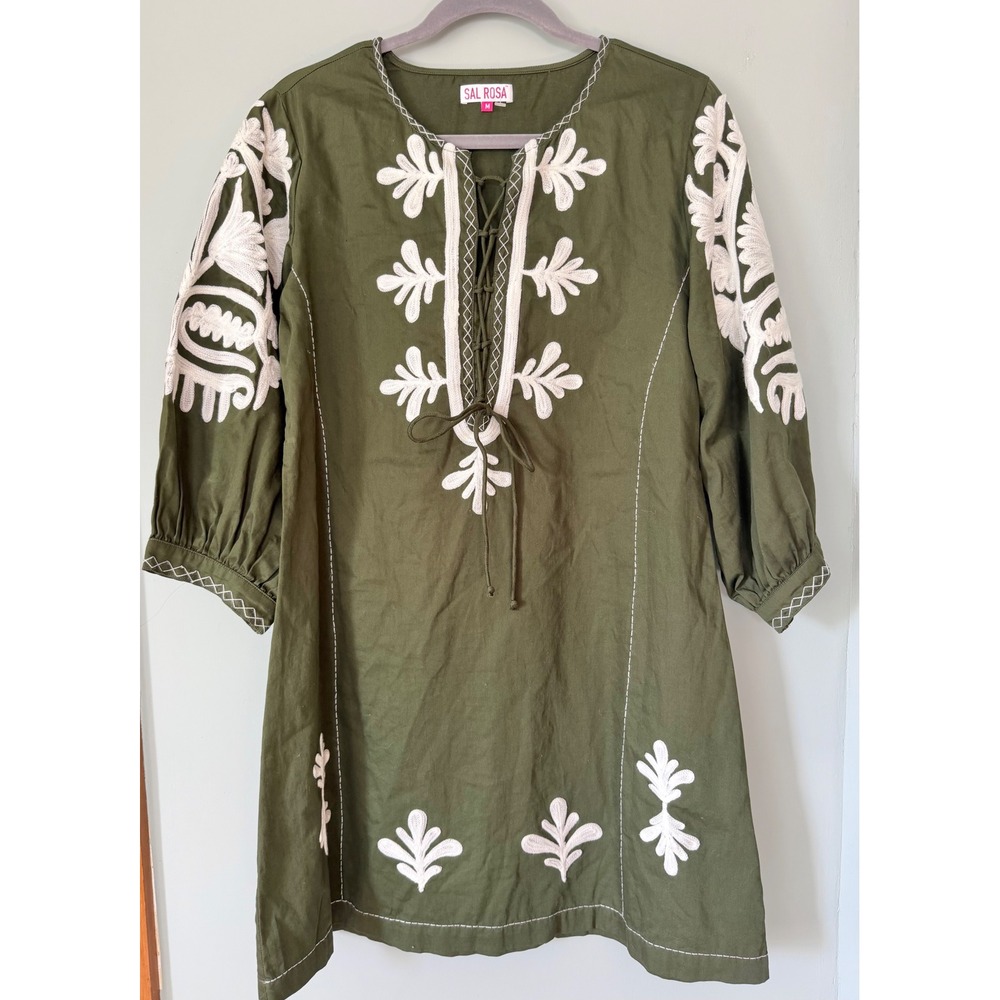 Sal Rosa‎ Olive Green White Embroidered Cotton 3/4 Sleeve Boho Mini Dress Medium